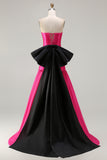 Strapless Fuchsia A-Line Convertible Satin Long Prom Dress with Large Bow