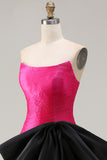 Strapless Fuchsia A-Line Convertible Satin Long Prom Dress with Large Bow