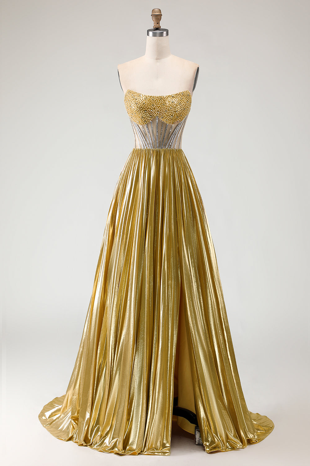 Metallic Golden Strapless Pleated A-Line Beaded Corset Long Prom Dress with Slit Metallic Golden Strapless Pleated A-Line Beaded Corset Long Prom Dress with Slit