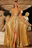 Metallic Golden Strapless Pleated A-Line Corset Beaded Long Prom Dress with Slit