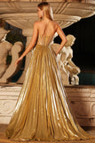 Metallic Golden Strapless Pleated A-Line Corset Beaded Long Prom Dress with Slit