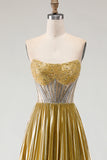 Metallic Golden Strapless Pleated A-Line Beaded Corset Long Prom Dress with Slit