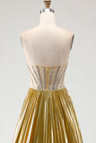 Metallic Golden Strapless Pleated A-Line Beaded Corset Long Prom Dress with Slit