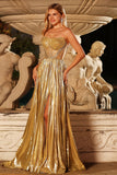 Metallic Golden Strapless Pleated A-Line Corset Beaded Long Prom Dress with Slit