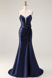 Navy Mermaid Strapless Corset Ruched Beaded Long Prom Dress with Bow