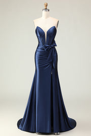 Navy Mermaid Strapless Beaded Corset Ruched Long Prom Dress with Bow