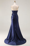 Navy Mermaid Strapless Corset Ruched Beaded Long Prom Dress with Bow
