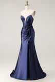 Navy Mermaid Strapless Beaded Corset Ruched Long Prom Dress with Bow