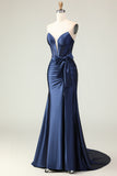 Navy Mermaid Strapless Beaded Corset Ruched Long Prom Dress with Bow