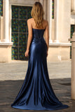 Navy Mermaid Strapless Corset Ruched Beaded Long Prom Dress with Bow