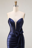 Navy Mermaid Strapless Beaded Corset Ruched Long Prom Dress with Bow
