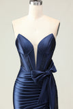 Navy Mermaid Strapless Beaded Corset Ruched Long Prom Dress with Bow