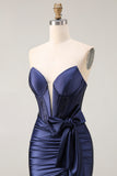 Navy Mermaid Strapless Beaded Corset Ruched Long Prom Dress with Bow