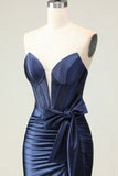 Navy Mermaid Strapless Beaded Corset Ruched Long Prom Dress with Bow