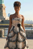 Strapless Black Apricot A Line Sequin Tiered Princess Long Prom Dress