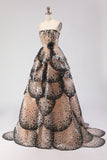Sparkly Black Apricot Strapless A Line Sequin Tiered Princess Long Prom Dress