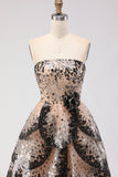 Sparkly Black Apricot Strapless A Line Sequin Tiered Princess Long Prom Dress