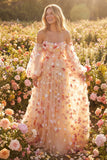 Champagne Strapless A Line 3D Flowers Tulle Long Prom Dress with Removable Sleeves