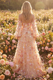 Champagne Strapless A Line 3D Flowers Tulle Long Prom Dress with Removable Sleeves