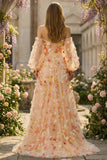 Champagne Strapless A Line 3D Flowers Tulle Long Prom Dress with Removable Sleeves