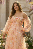Champagne Strapless A Line 3D Flowers Plus Size Long Prom Dress with Removable Sleeves
