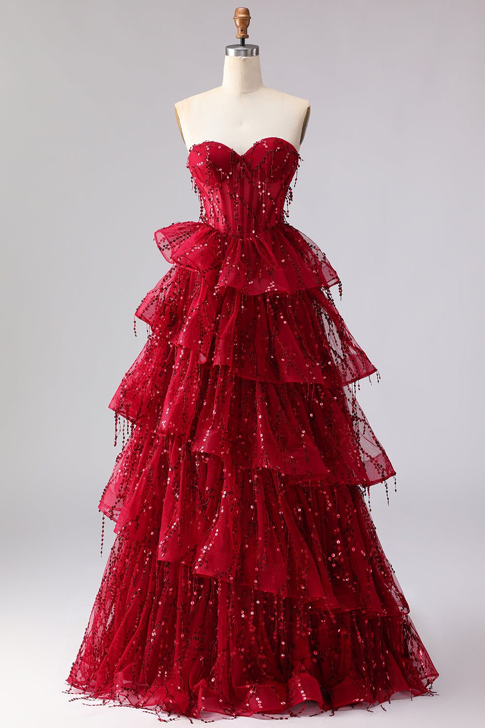 ZAPAKA Women Sparkly Burgundy Long Prom Dress with Ruffles Sweetheart Princess Corset Fringed Party Dress with Sequins, Burgundy / US16W ZAPAKA Women Sparkly Burgundy Long Prom Dress with Ruffles Sweetheart Princess Corset Fringed Party Dress with Sequins, Burgundy / US16W