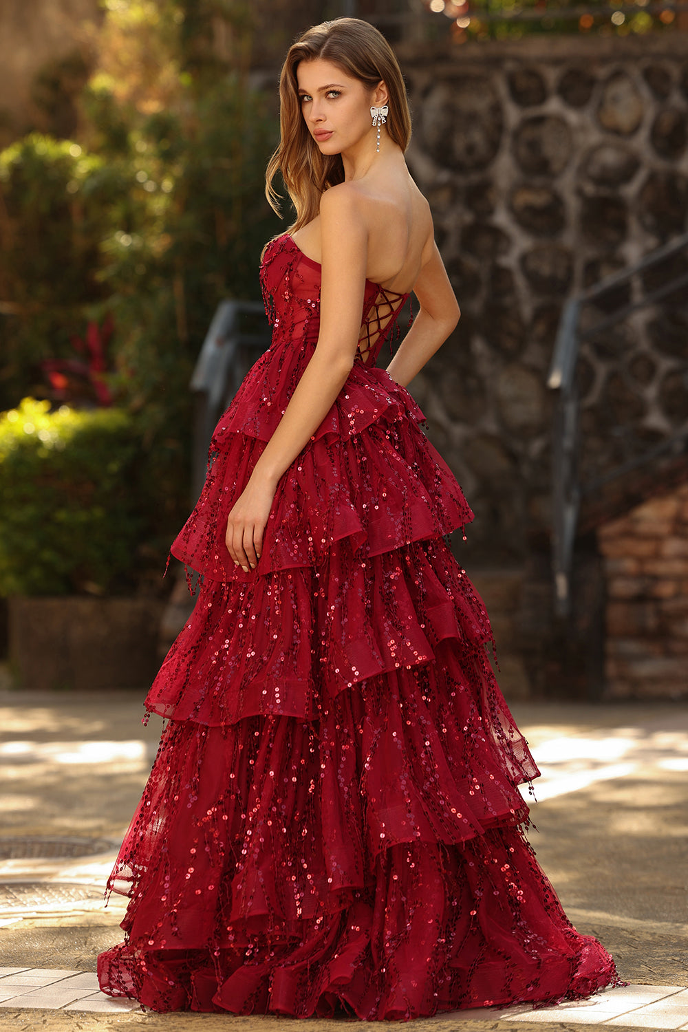 ZAPAKA Women Sparkly Burgundy Long Prom Dress with Ruffles Princess Sweetheart Corset Fringed Party Dress with Sequins, Burgundy / US10 ZAPAKA Women Sparkly Burgundy Long Prom Dress with Ruffles Princess Sweetheart Corset Fringed Party Dress with Sequins, Burgundy / US10