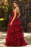 Sparkly Burgundy Princess Sweetheart Fringed Long Sequin Prom Dress with Ruffles