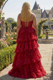 Sparkly Burgundy Princess Sweetheart Fringed Sequin Plus Size Prom Dress with Ruffles