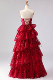 Sparkly Princess Burgundy Sweetheart Fringed Sequin Long Prom Dress with Ruffles