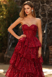 Sparkly Burgundy Princess Sweetheart Fringed Long Sequin Prom Dress with Ruffles