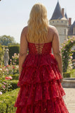 Sparkly Burgundy Princess Sweetheart Fringed Sequin Plus Size Prom Dress with Ruffles