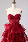 Sparkly Princess Burgundy Sweetheart Fringed Sequin Long Prom Dress with Ruffles