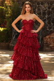 Sparkly Burgundy Princess Sweetheart Fringed Long Sequin Prom Dress with Ruffles