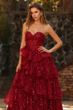 Sparkly Burgundy Princess Sweetheart Fringed Long Sequin Prom Dress with Ruffles