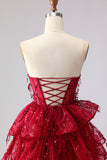 Sparkly Princess Burgundy Sweetheart Fringed Sequin Long Prom Dress with Ruffles