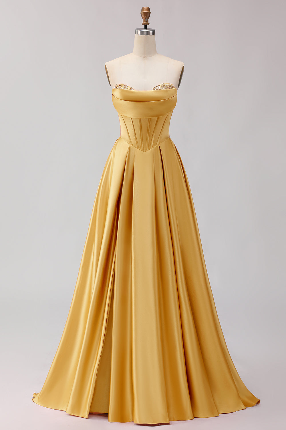 ZAPAKA Women Golden Long Prom Dress A-Line Strapless Satin Corset Formal Dress ZAPAKA Women Golden Long Prom Dress A-Line Strapless Satin Corset Formal Dress
