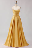 Golden Strapless Satin A-Line Corset Long Prom Dress