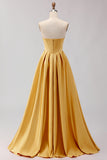 Golden Strapless Satin A-Line Corset Long Prom Dress