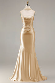 Champagne Two Piece Strapless Mermaid Beaded Convertible Long Prom Dress with a Neck Scarf