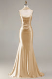Champagne Two Piece Strapless Mermaid Beaded Convertible Long Prom Dress with a Neck Scarf
