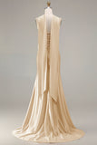 Champagne Two Piece Strapless Mermaid Beaded Convertible Long Prom Dress with a Neck Scarf