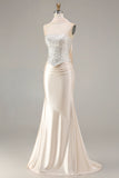 Champagne Strapless Mermaid Beaded Convertible Long Prom Dress