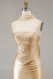 Champagne Two Piece Strapless Mermaid Beaded Convertible Long Prom Dress with a Neck Scarf