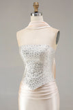 Champagne Strapless Mermaid Beaded Convertible Long Prom Dress