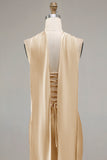 Champagne Two Piece Strapless Mermaid Beaded Convertible Long Prom Dress with a Neck Scarf