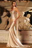 Strapless Champagne Two Piece Mermaid Beaded Convertible Long Prom Dress with a Neck Scarf