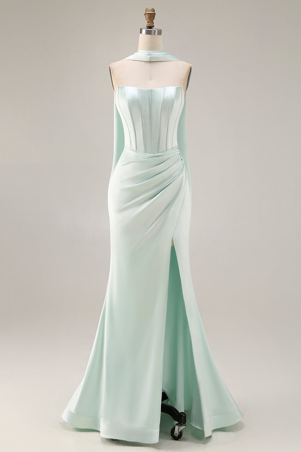 ZAPAKA Women Light Green Long Prom Dress with Slit Mermaid Strapless Satin Formal Dress with a Neck Scarf, Light Green / US2 ZAPAKA Women Light Green Long Prom Dress with Slit Mermaid Strapless Satin Formal Dress with a Neck Scarf, Light Green / US2