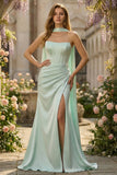 Strapless Corset Mermaid Light Green Satin Side Slit Maxi Dress with a Neck Scarf