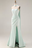 Light Green Strapless Mermaid Corset Side Slit Maxi Dress with a Neck Scarf